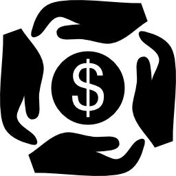 cuatro manos rodeando una moneda de un dólar icono