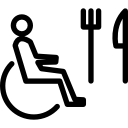 persona sulla sagoma della sedia a rotelle con forchetta e coltello icona