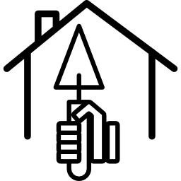 Hand with triangular shovel inside a home outline icon