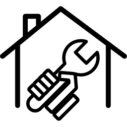 Wrench tool in a hand inside a house shape icon
