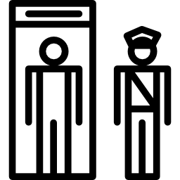 personnes à l'ascenseur d'entrée du musée un visiteur et un gardien Icône