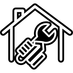 Wrench tool in a hand inside a house shape icon