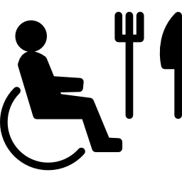 osoba na wózku inwalidzkim z widelcem i nożem ikona