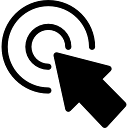 pfeil zeigt auf die mitte eines kreisförmigen knopfes aus zwei konzentrischen kreisen icon