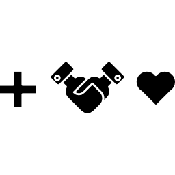 Plus sign with shaking hands and heart shape icon