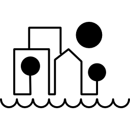 Buildings near the sea made of various shapes icon