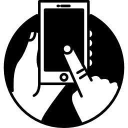 Touch screen phone in human hands inside a circle icon