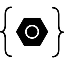 Open and close brackets enclosing a hexagon icon