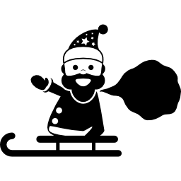 Дед Мороз с мешком подарков стоит на санках иконка