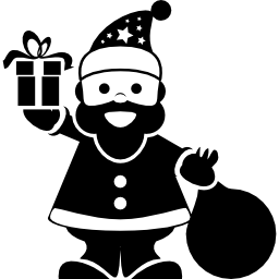 Дед Мороз стоит с мешком подарков в одной руке и колокольчиком в другой иконка