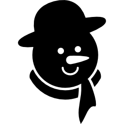 głowa bałwana w kolorze czarnym z marchewkowym nosem, szalikiem i zaokrągloną czapką ikona