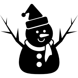 sneeuwman van kerstmis in het zwart met mutssjaal en twee takken als armen icoon