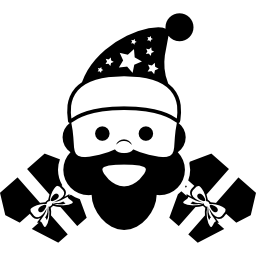 Santa Claus face with bonnet and two christmas flowers at his sides icon