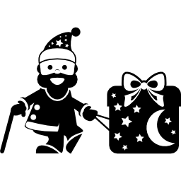 Santa Claus with a cane beside a huge giftbox icon