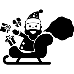 Santa Claus sitting on his sled with gifts in his hands icon