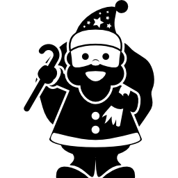 Christmas Santa Claus character holding gifts bag at his back with one hand and a cane in the other icon
