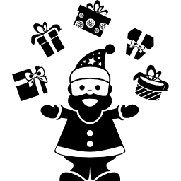 de kerstman speelt met cadeautjes op een boog tussen zijn handen en maakt jongleren als een jongleur icoon
