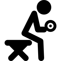Sitting cartoon man carrying dumbbell side view icon
