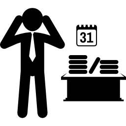 Employee near office table with calendar and piles of work icon