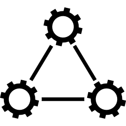 Three cogwheels linked by lines in triangular shape icon