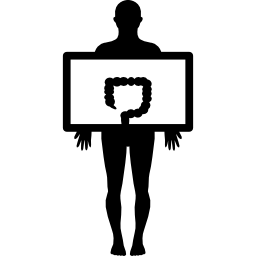 hombre de pie sosteniendo una imagen de intestino grueso icono