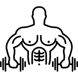 Muscular male gymnast exercising with two dumbbells icon