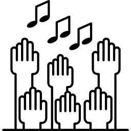 Multiple raising hands with musical notes icon