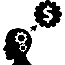 Вид сбоку мужской головы с зубчатыми колесами, думая о символе доллара иконка