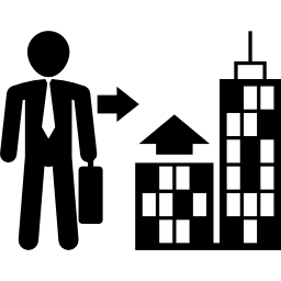Businessman with suitcase going to work in a city icon