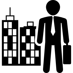 hombre vestido con traje de negocios con maleta en una ciudad icono