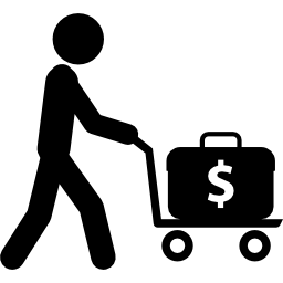 Male pushing cart with suitcase of dollars icon