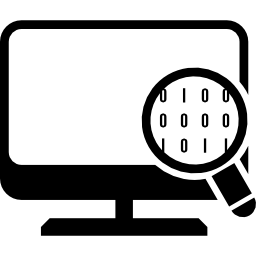 Desktop computer with magnifying lens focusing on data icon