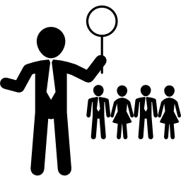 Бизнес-лидер держит увеличительное стекло с другими работниками на фоне иконка