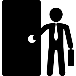 Businessman with suitcase opening door icon