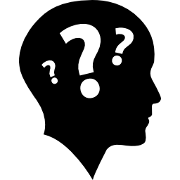 vista lateral de la cabeza calva con tres signos de interrogación icono