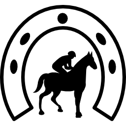 gehendes pferd mit jockey unter einer hufeisenform icon