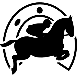 Jumping horse with jockey in front of a horseshoe icon