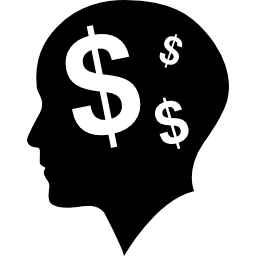 Łysa głowa człowieka z symbolami dolarów jako myśli o pieniądzach ikona
