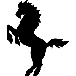 Лошадь с вычурной гривой стоит и смотрит влево, силуэт иконка