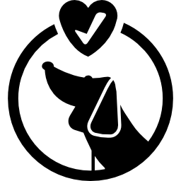 simbolo circolare dell'hotel per animali domestici con un cane e un segno di verifica all'interno di un cuore icona