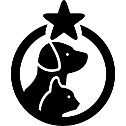 Символ отеля домашних животных с собакой и кошкой в круге с одной звездой иконка