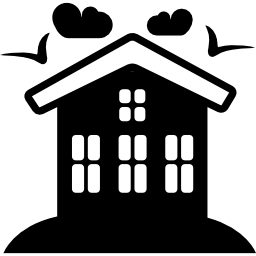 Rural hotel house with birds and clouds icon