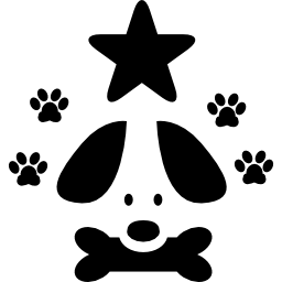 Pet hotel sign of a dog with a star and pawprints icon