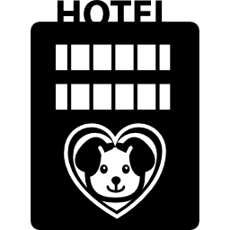 Pet hotel building with a dog image in a heart shape icon