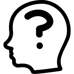 Question mark inside a bald male side head outline icon