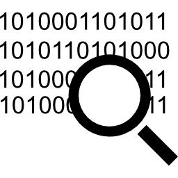 simbolo dell'interfaccia di ricerca del codice di una lente di ingrandimento sui numeri di codice binario icona