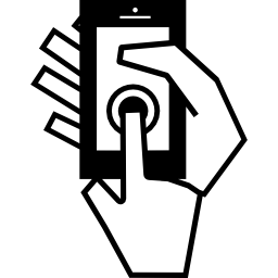 telefon komórkowy na prawej ręce dotykany palcem drugiej prawej ręki ikona