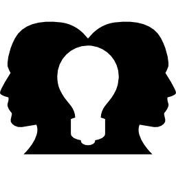Two heads silhouettes looking to opposite sites with a lightbulb shape in the middle icon