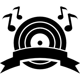 symbole du boom de la musique d'un disque musical avec des notes de musique et une bannière de ruban Icône