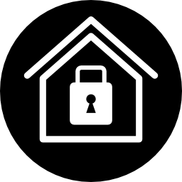 Home security symbol of a house with a locked padlock inside in a circle icon